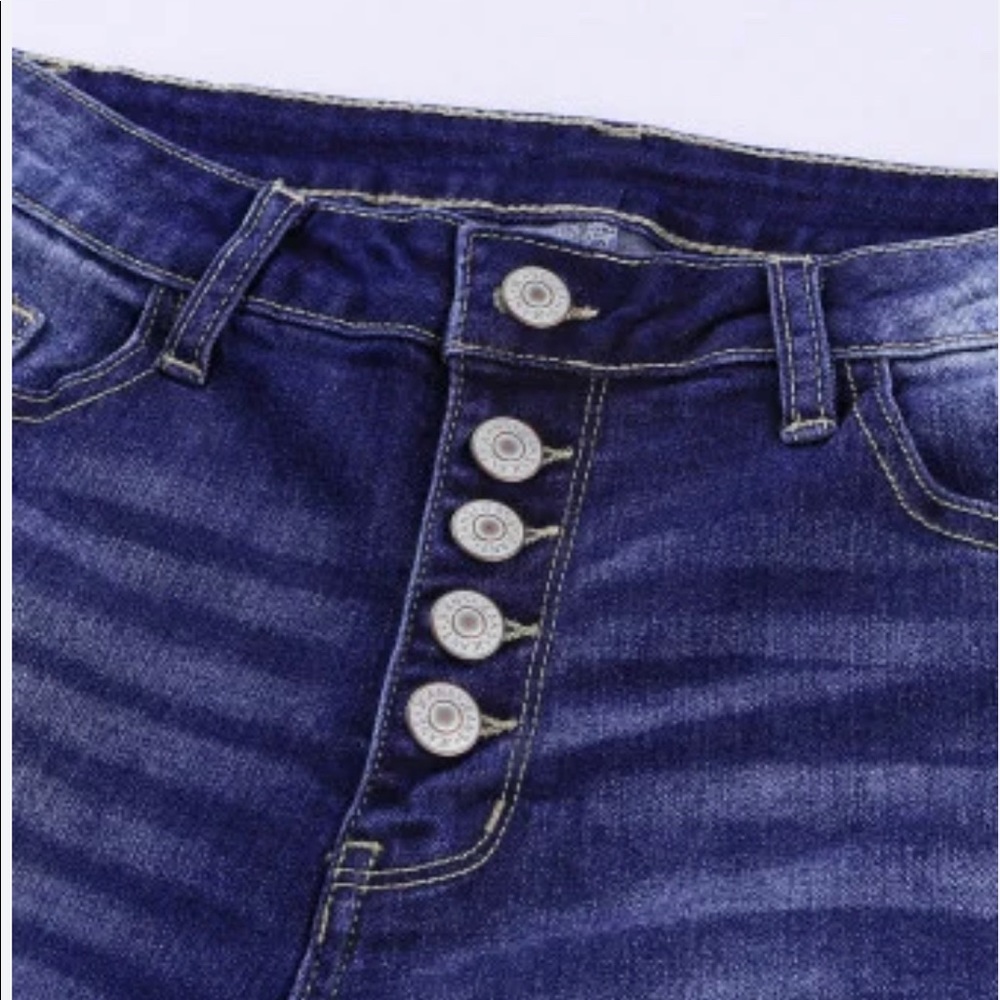 Dark High Rise Button Front Frayed Ankle Skinny